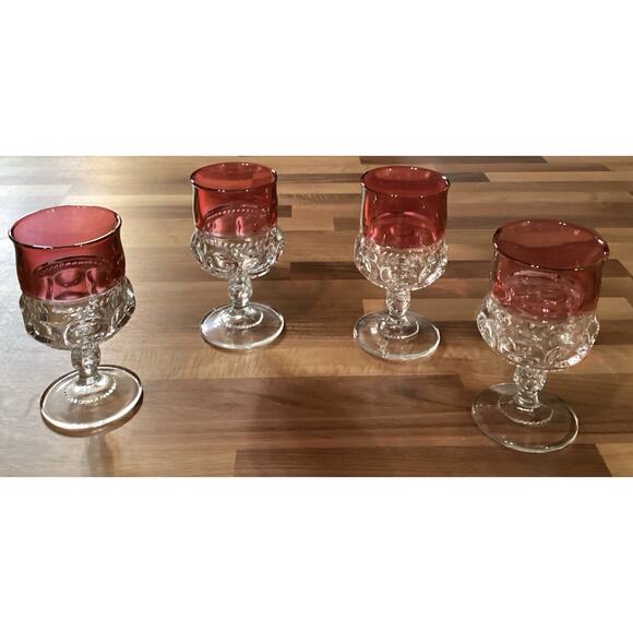 4 Vintage Tiffin Glass King’s Crown Flashed Cranberry Thumbprint Wine Glasses - Picture 6 of 9